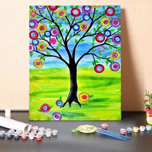 Paint by Numbers Kit-Colorful trees and green lawn