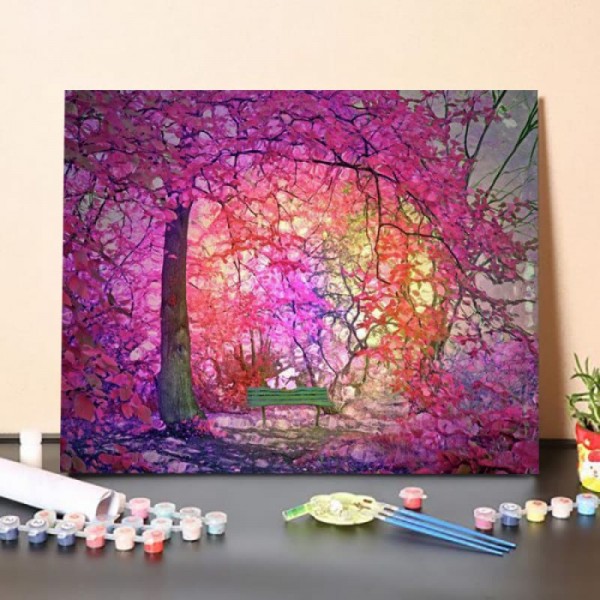 The Bench that Dreams Beneath the Pink Trees Paint By Numbers Kit