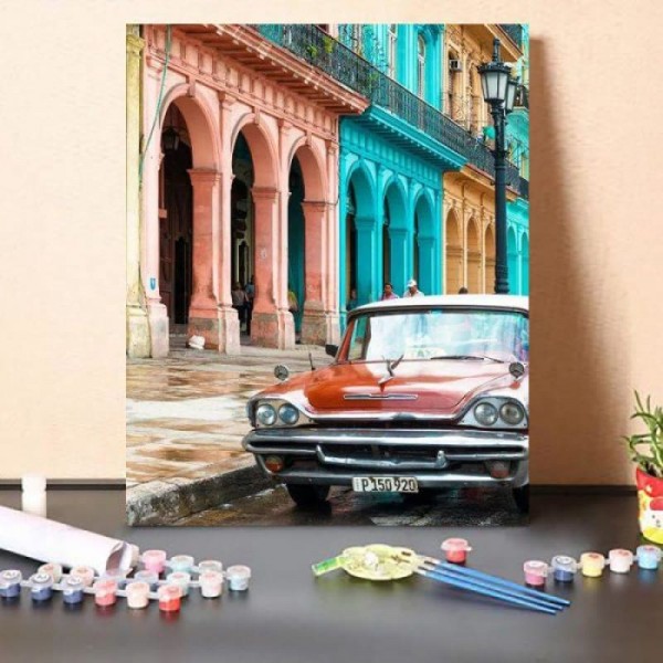 Paint By Numbers Kit Colorful Buildings and Red Taxi Car