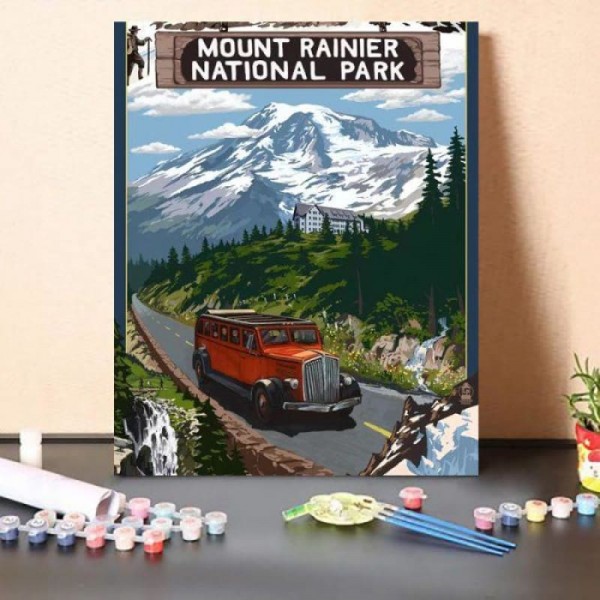 Paint By Numbers Kit Mount Rainier National Park (Historic Red Bus)