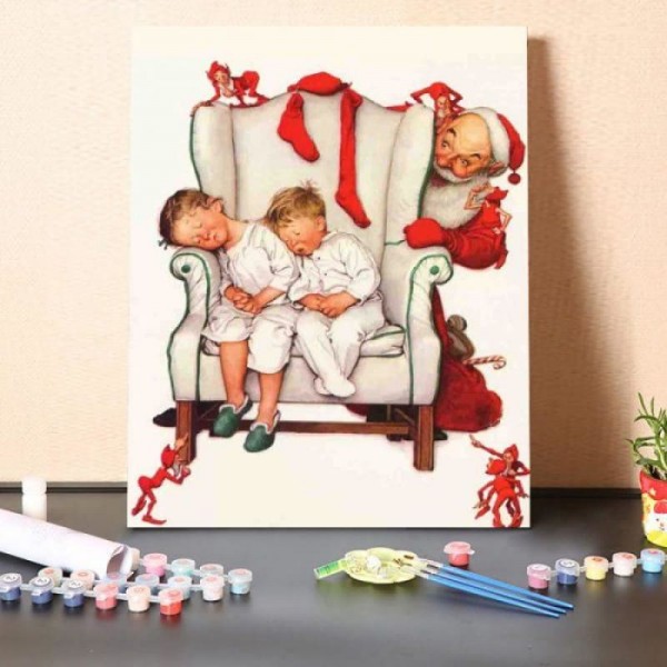 Santa Looking at Two Sleeping Children-Paint by Numbers Kit