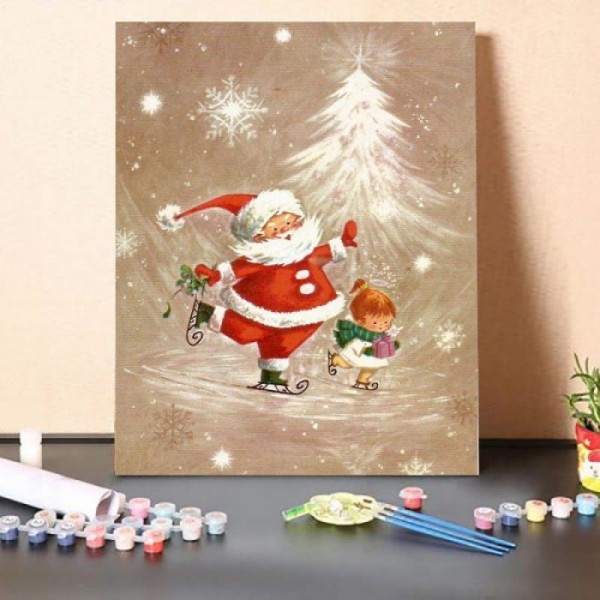 Christmas Santa Claus little girl ice skating – Paint By Numbers Kit