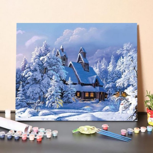 Paint By Numbers Kit – Snowy Cabin in the Woods