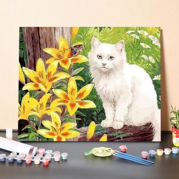 White and Yellow Flowers with White Persian Cat – Paint By Numbers Kit