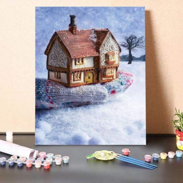 Paint By Numbers Kit-Winter Cottage In Gloved Hand