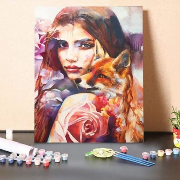 Paint By Numbers Kit-Woman, Fox and flower