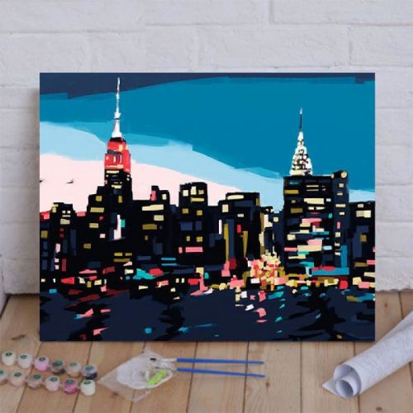 New York Skyline at Dusk in Navy Blue Teal and Pink Paint By Numbers K