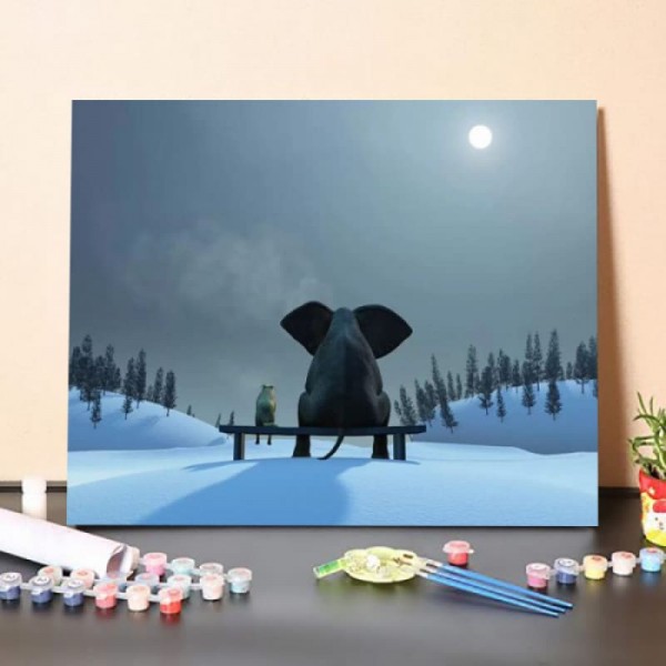 Elephant And Dog At Christmas Night – Paint By Numbers Kit