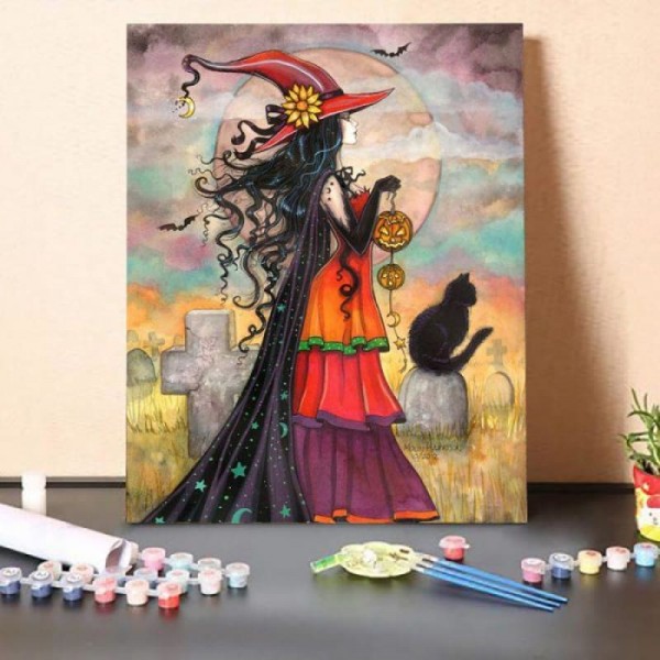 Paint By Numbers Kit – Witch Carrying a Pumpkin Lantern